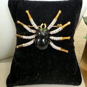 Vintage Brooch Pin Gold Pave Spider with Black Enamel